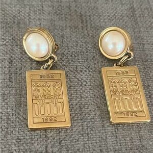 Vintage Givenchy 1992 40 Years Collection Pearl Tag Dangle Gold Clip-On Earrings